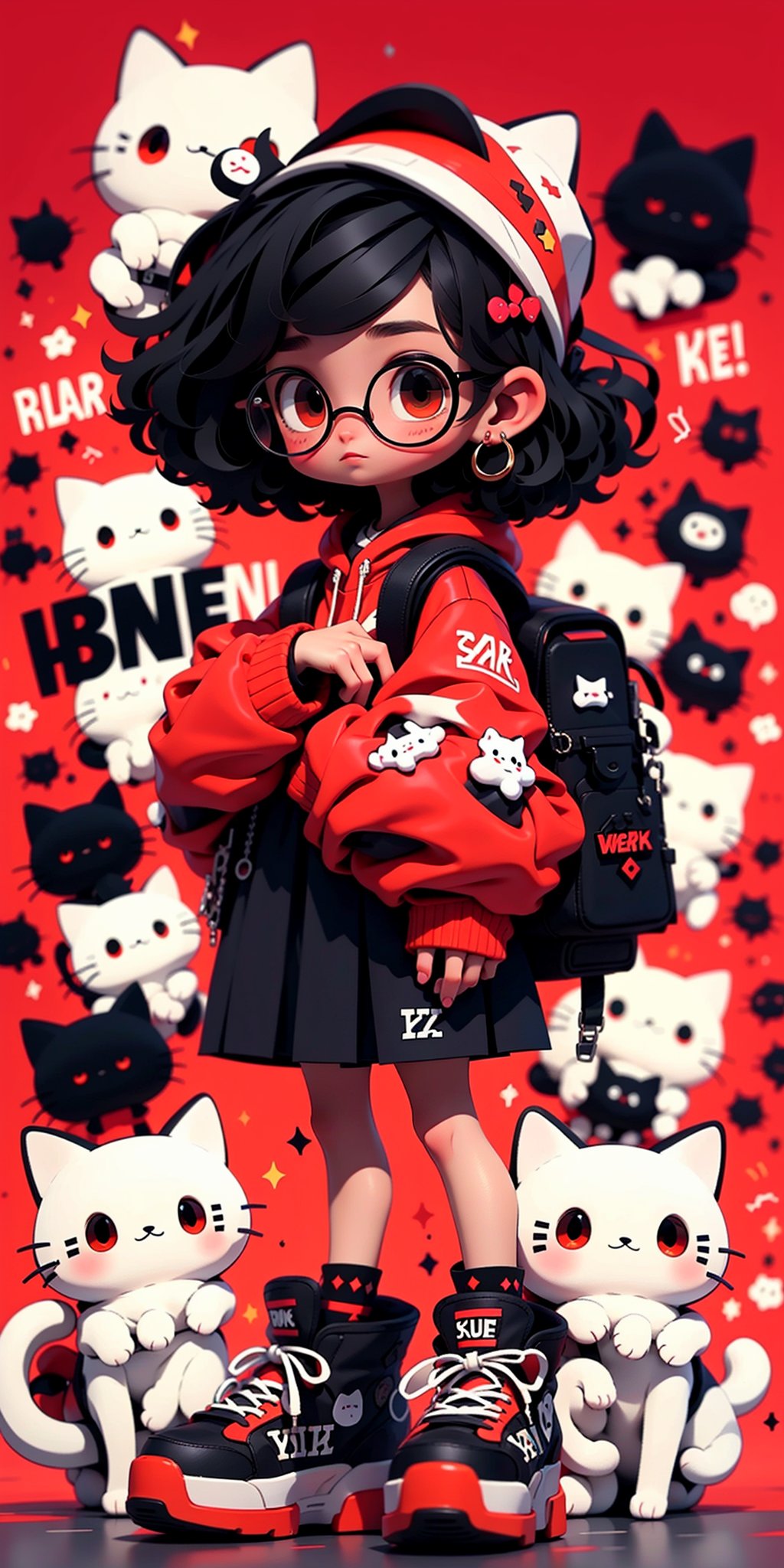 1girl,red eyes,red background,hood,backpack,cat,red hoodie,drawstring,black hair,shoes,hood down,hoodie,long sleeves,solo,bag,holding,hair ornament,english text,socks,earrings,white footwear,bangs,looking at viewer,jewelry,sneakers,standing,full body,skirt,medium hair,black socks,hairclip,red theme,speech bubble,sleeves past wrists,animal,short hair,black skirt,romaji text,, masterpiece,high quality,