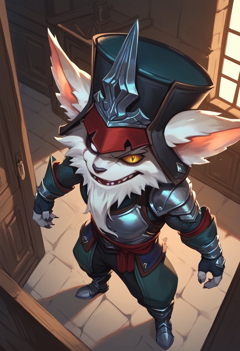 score_9, score_8_up, score_7_up, score_6_up, kl3d, 1boy, yordle, male focus, yellow eyes, white eye,scar across eye, one-eyed, facial hair, beard,  hat, black headwear, ears through headwear, armor, gloves, fingerless gloves, pants, boots , <lora:Kled_Default_v1:0.7>, castle, indoors, from above