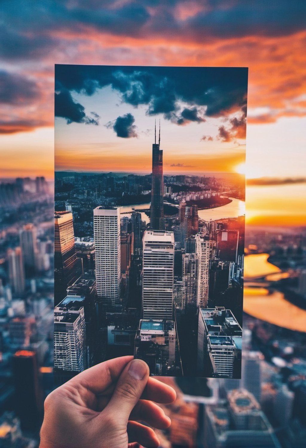 Hand,Holding a photo, the photo shows urban scenery, cityscape, city, scenery, building, sky, skyscraper, outdoors, sunset, watermark, science fiction, real world location, <lora:1998_3476_4086@775eafd423:0.8>