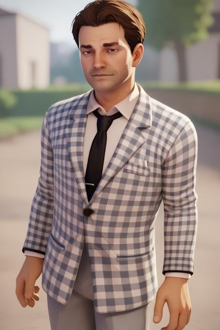 score_9, score_8_up, score_7_up, BREAK, 1boy, solo,  <lora:benny-fnv-richy-v1_pdxl:0.95> benny, brown hair, short hair, checkered suit, black necktie, grey pants