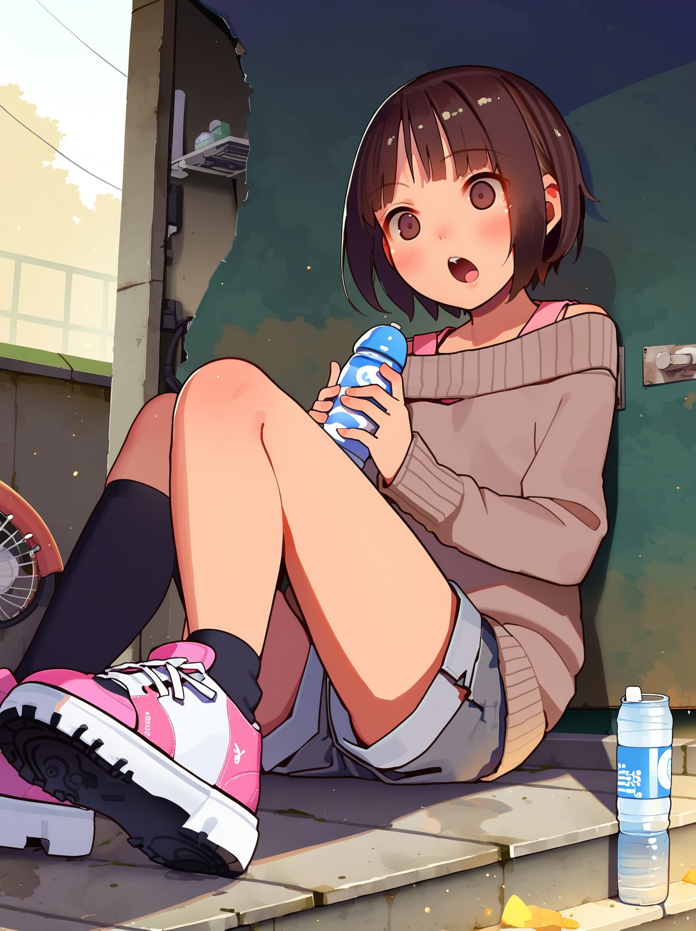 score_9, source_anime, by muk \(monsieur\), best quality, masterpiece, uncensoredBREAKmiyu (tiny evil), 1girl, :o, black thighhighs, blunt bangs, bottle, brown eyes, brown hair, brown sweater, can, casual, door, fan, fire hydrant, grey shorts, industrial, lamp, open mouth, outdoors, raised eyebrows, rust, shoes, short hair, shorts, sitting, sneakers, solo, stairs, surprised, sweater, thighhighs, towel, umbrella, water bottle<lora:muk_pony_v1:1>