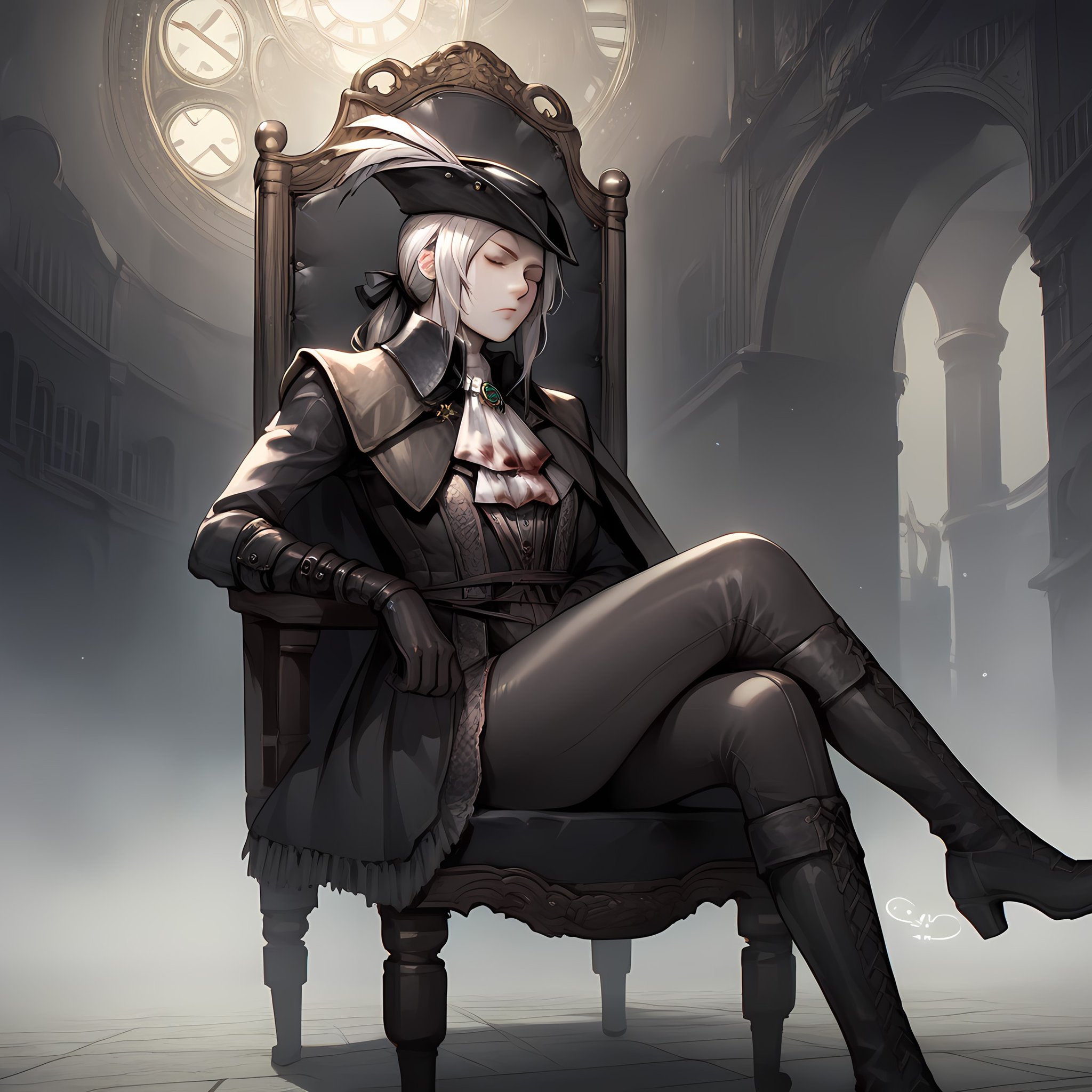 score_9,score_8_up,score_7_up,score_6_up,source_anime,rating_questionable,solo, 1girl,sitting, Victorian chair, clocktower interior, <lora:Lady_Maria_of_The_Astral_Clocktower_-_Bloodborne:0.8> lady maria, white hair, tricorne, gloves, hat feather, ascot, ponytail, cape, gloomy, dim, blood, eyes closed, legs crossed, head down,, zPDXL2,