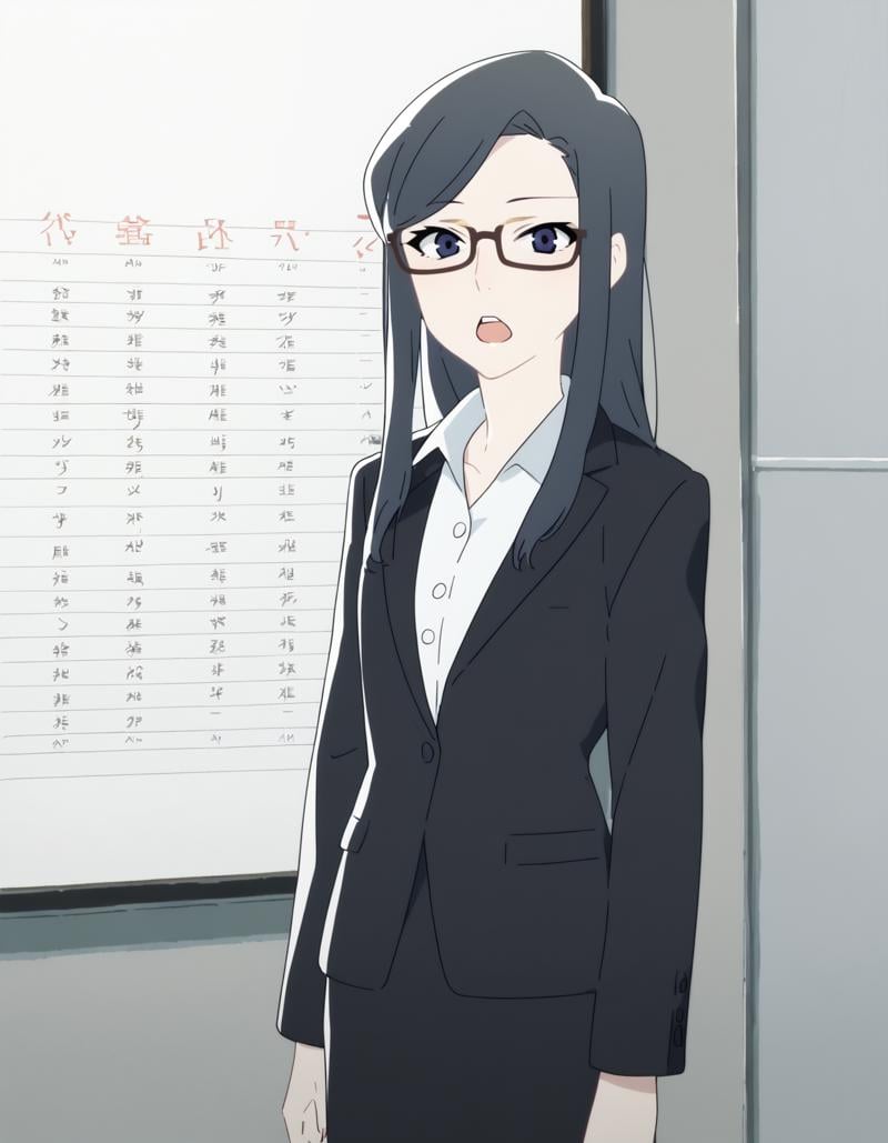 score_9,  score_8_up, score_7_up, source_anime, <lora:hibino-hoshino-ponyxl:0.9> 1girl, hoshino, glasses, skirt suit, black jacket, podium, graph, open mouth, presentation