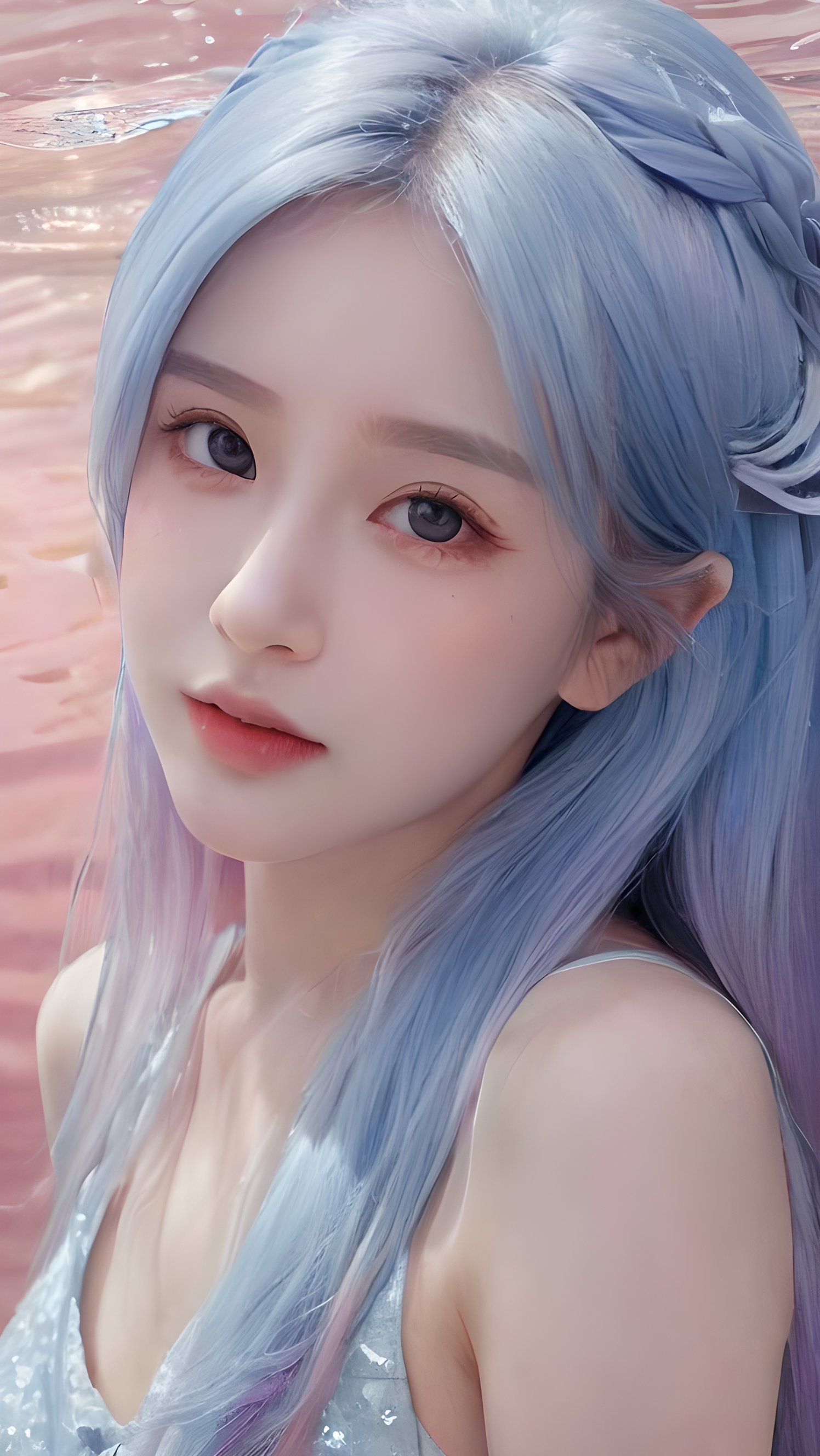 yanshangyue, 1girl, solo, xiaowu, BIG EYES, xxmix girl woman, <(masterpiece, realistic:1.3), (extremely intricate:1.2)>, portrait of a girl, sliver gradient hair, (sliver hair:1.1), (light blue hair:1.1), (pink hair:1.2), ((solid color background:1.3)), beautiful detailed glow, (detailed ice), beautiful detailed water,  <lora:molixl3:0.6>