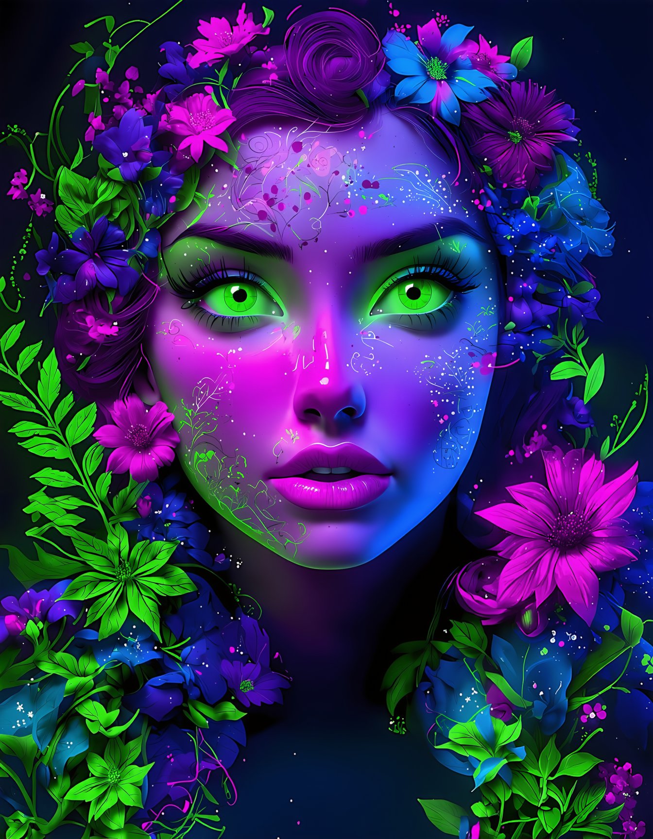 A vibrant and hyper-detailed portrait of a woman's face illuminated with neon light. Her face is adorned with intricate, glowing floral patterns and botanical elements. Her eyes are glowing neon green, and her lips are highlighted with neon light. The background is dark, enhancing the glow of the neon details. The overall style is a fusion of neon art and botanical motifs, creating a mesmerizing and surreal composition. (hyper-detailed, neon light, glowing floral patterns, botanical elements, neon green eyes, neon-highlighted lips, dark background, fusion of neon art and botanical motifs, mesmerizing, surreal)