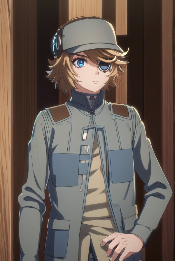 akudamahacker, <lora:akudama hacker s1-lora-nochekaiser:1>,hacker, blue eyes, brown hair, male focus, (eyepatch:1.5),BREAK shirt, hat, jacket, pants, brown pants, green jacket,BREAK outdoors, city,BREAK looking at viewer, (cowboy shot:1.5),BREAK <lyco:GoodHands-beta2:1>, (masterpiece:1.2), best quality, high resolution, unity 8k wallpaper, (illustration:0.8), (beautiful detailed eyes:1.6), extremely detailed face, perfect lighting, extremely detailed CG, (perfect hands, perfect anatomy),