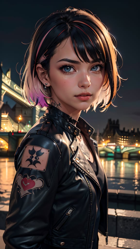 (masterpiece, best quality, highres:1.2), (photorealistic:1.2), raw portrait photo of Punk Girl, very short multicolored hair, in high detailed textured (black leather jacket), piercing, small tattoo, (most iconic photo), (intricate details), (dynamic angle), (London night), (light smile:0.3)