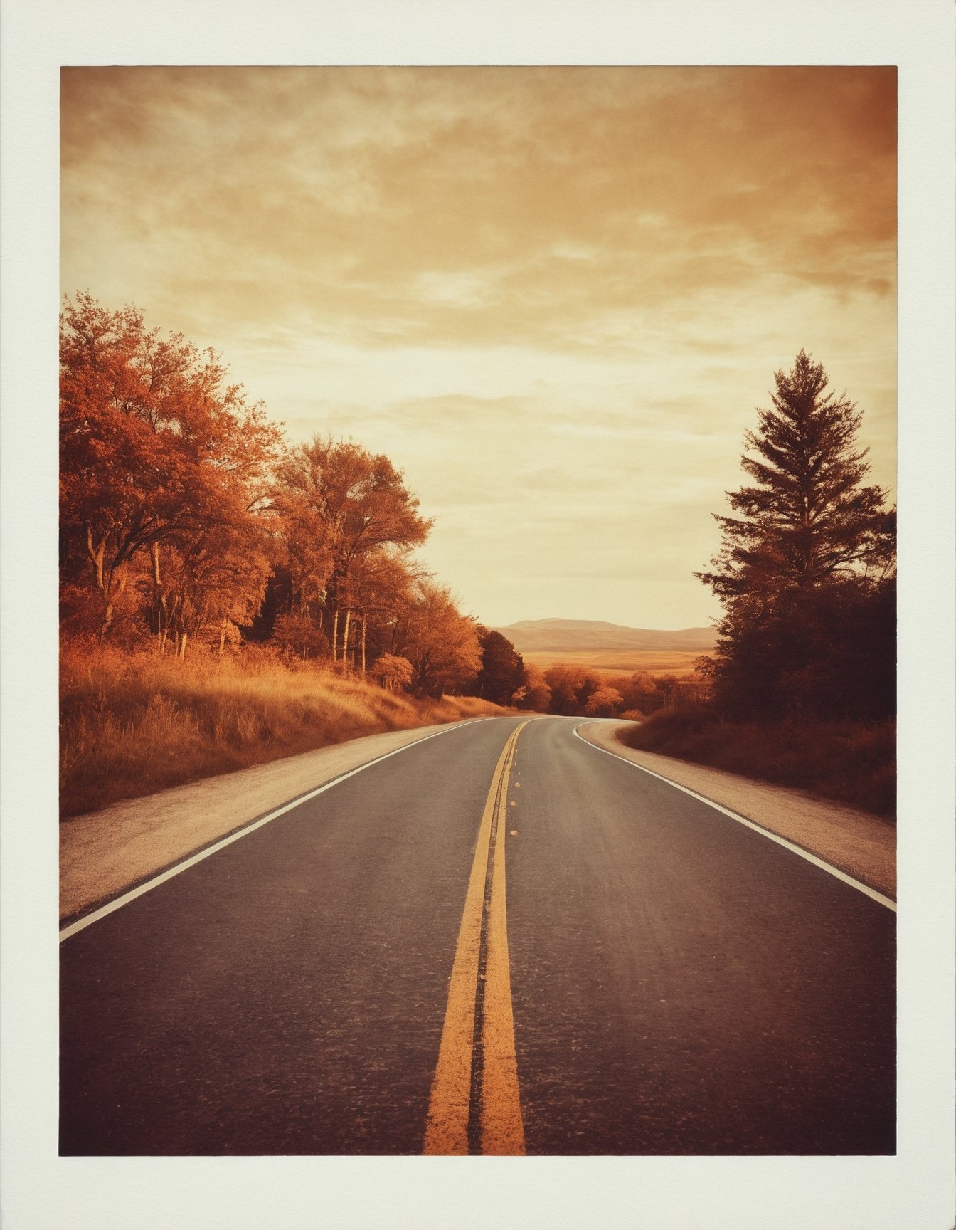 polaroid photo of a road, warm tones, perfect landscape