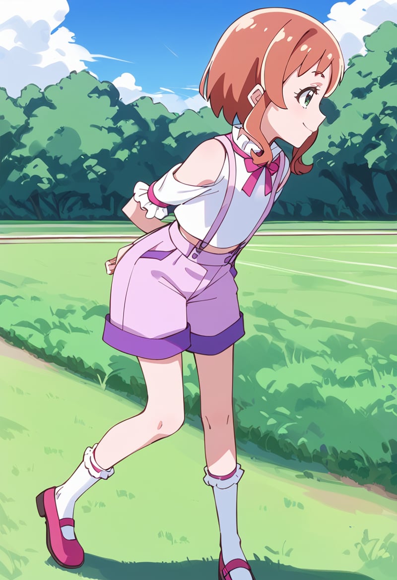 score_9, score_8_up, score_7_up, source_anime, BREAKinukai iroha, 1girl, solo, smile, arms behind back, grass, full body, pink footwear, white legwear, standing, from side, sidelocks, white shirt, outdoors, day, closed mouth, short hair, brown hair, pink skirt, profile, cloud, suspender shorts, short hair with long locks, sleeveless shirt, eyelashes, blue sky, pink hair, blue eyes, red footwear, pink shorts, mary janes, orange hair, bangs, bare shoulders, arm behind back, walking, standing on one leg, long hair, collared shirt, leaning forward, leg up, bobby socks, detached sleeves, looking down, medium hair, shadow, looking to the side, tiptoes, cloudy sky, light smile, red hair, green eyes, blush, brown eyes, shiny, purple skirt, midriff, white socks, short sleeves, purple shorts, short shorts, high-waist shorts, frilled socks, frills, shoulder cutout, white sleeves, frilled sleeves, looking ahead<lora:cure_friendy_inukai_iroha_sdxl_locon_pony_v1:0.7>