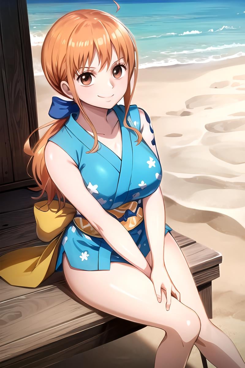 <lora:SC-OP_Nami_Kimono:1>, opn4m1k1m0n0, 2d, masterpiece, best quality, anime, full body, smile, sleeveless kimono, obi, hair bow, ponytail, beach 