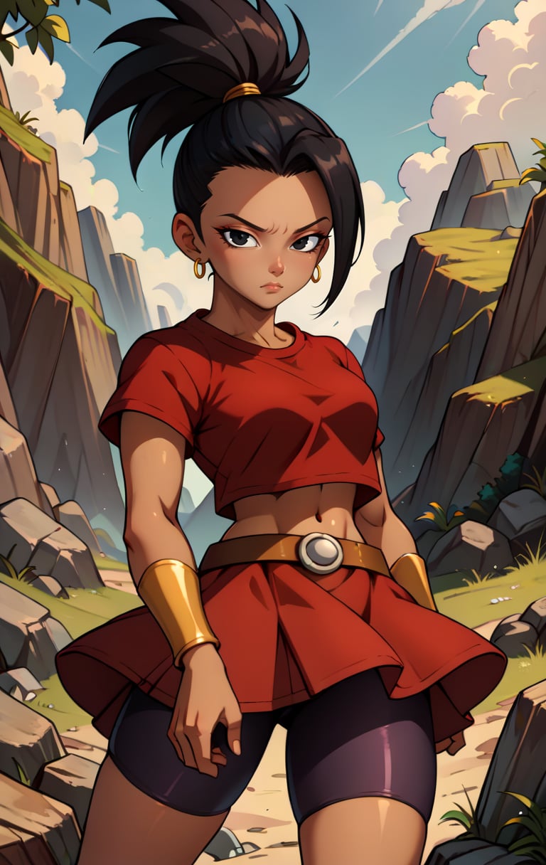 score_9, score_8_up, score_7_up, BREAK,   <lora:kale-10:1> KaleSDXL, 1girl, solo, breasts, looking at viewer, skirt, rocks background, shirt, black hair, navel, jewelry, ponytail, short sleeves, earrings, boots, shorts, midriff, belt, black eyes, crop top, red skirt, high ponytail, bike shorts, red shirt, hoop earrings, bracer, shorts under skirt, bike shorts under skirt, cowboy shot, dark skinned female