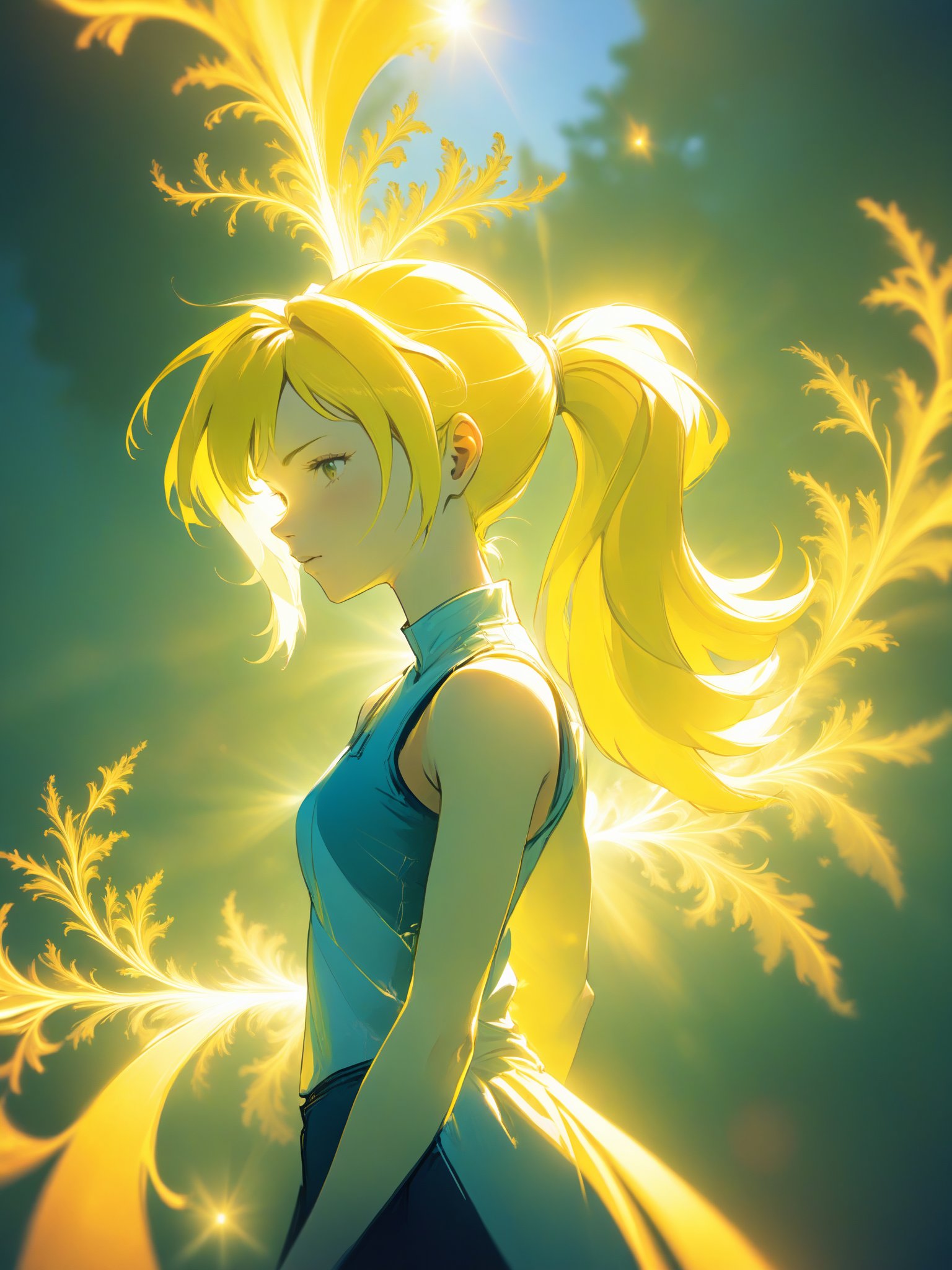 Fractal, Redshift render, summer roots, fit Girl, electric yellow hair styled as ponytail, Sketch, Lens Flare, Fujifilm Superia