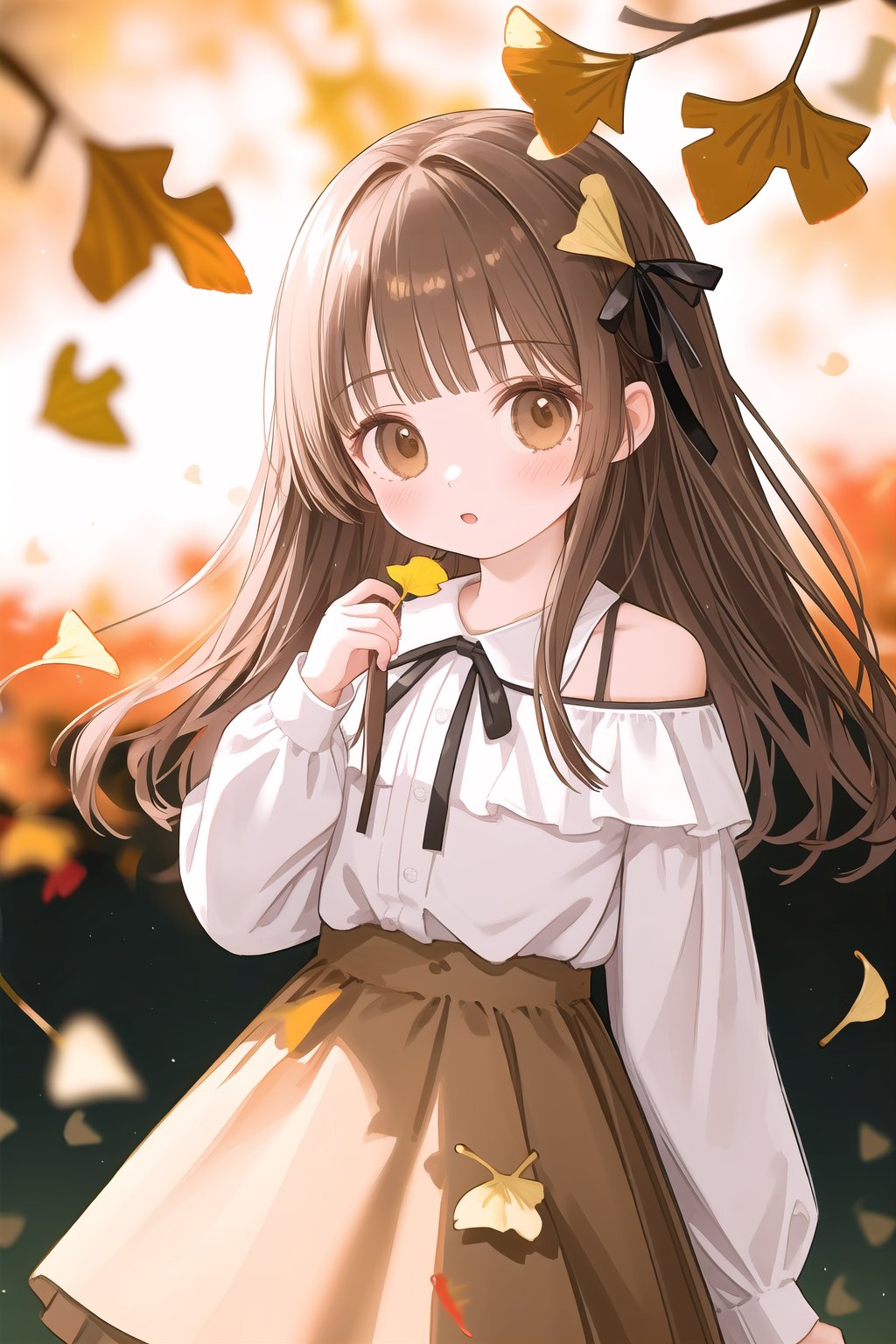 1girl,solo,holding leaf,long hair,ginkgo leaf,brown eyes,skirt,looking at viewer,holding,ribbon,hair ribbon,long sleeves,shirt,blurry,leaf,blurry background,bangs,off shoulder,brown skirt,black ribbon,brown hair,blush,depth of field,white shirt,hand up,autumn leaves,black shirt,