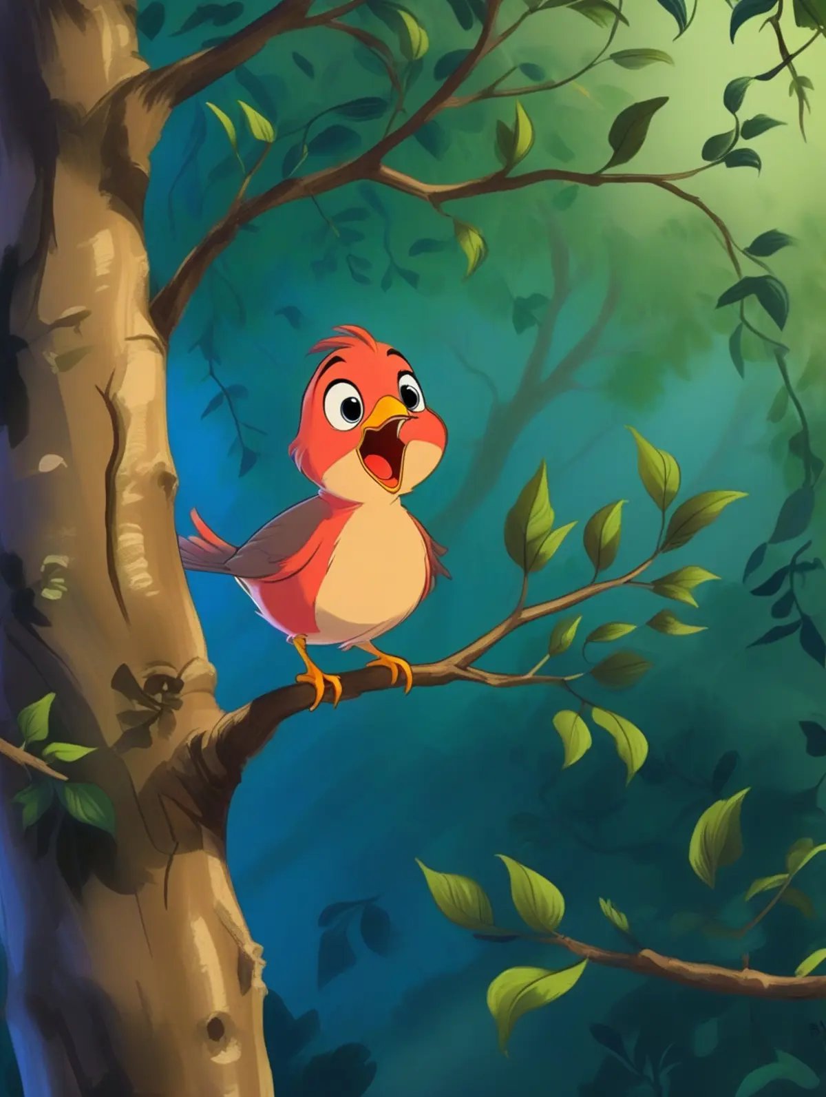 a cute little bird in the tree, singing,cartoon,<lora:J_cartoon:0.8>,j_cartoon,