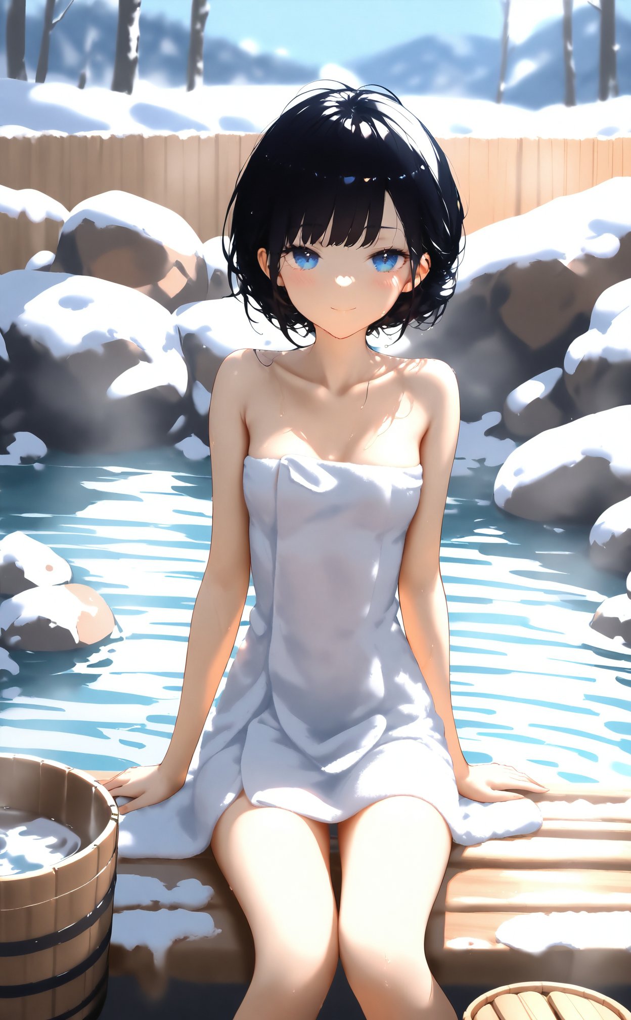 nai3 Style,1girl,towel,solo,naked towel,blue eyes,black hair,looking at viewer,onsen,smile,short hair,sitting,bucket,outdoors,breasts,bare shoulders,water,closed mouth,collarbone,wet,wooden bucket,thighs,arm support,snow,day,rock,blush,blurry,small breasts,