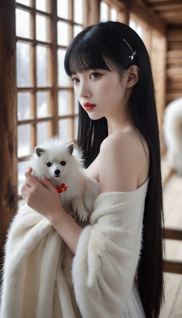 The image showcases a young woman with long,dark hair,styled in an updo with a decorative hairpin. She has pale skin and is wearing subtle makeup,with a hint of red on her lips. She's holding a white fluffy object,possibly a fur or a blanket,close to her chest. The background suggests an indoor setting with a blurred view of wooden structures,possibly a window or a door.,1girl,solo,realistic,long hair,black hair,looking at viewer,bare shoulders,blunt bangs,straight_hair,