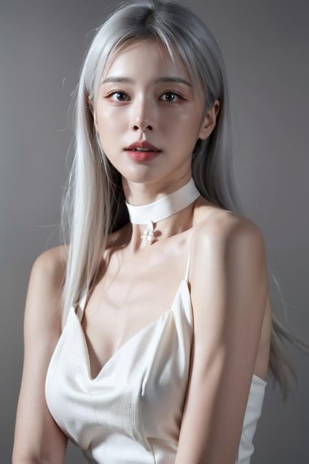 (realistic), (hyperrealism),best quality, masterpiece,ultra high res, (photorealistic:1.4),1girl,pale skin,skinny,(looking at viewer),simple gray background, white choker, (white hair,) long hair, white formal dress, bare shoulders,<lora:makina69_cathrynli_v1.0:1>   , (upper body)