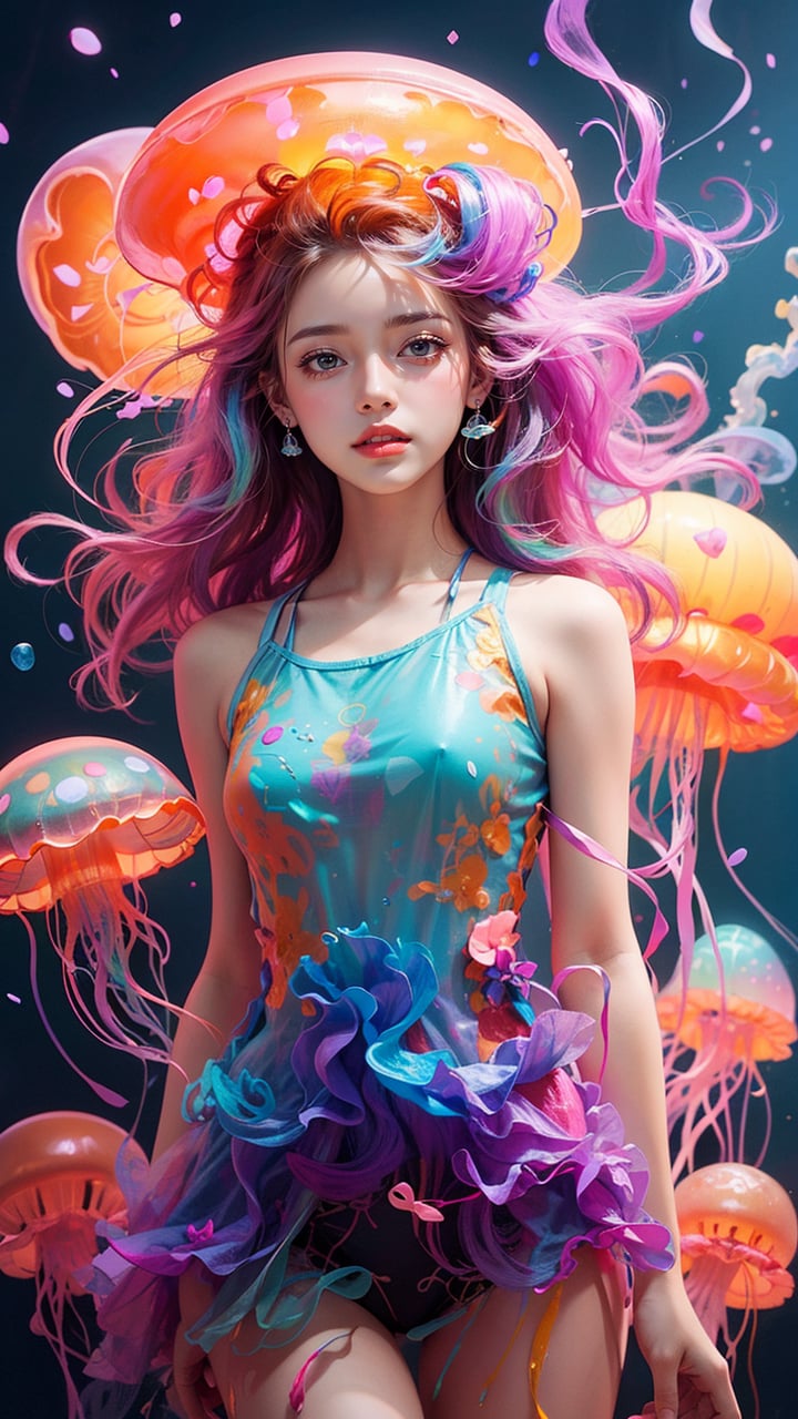 Colorful Girl,full body,1 girl,dynamic posture,colorful hair,gradient hair,colorful jellyfish background,large jellyfish,small jellyfish,numerous jellyfish,super details,ultra-high quality,realism,painted artistry,official art,