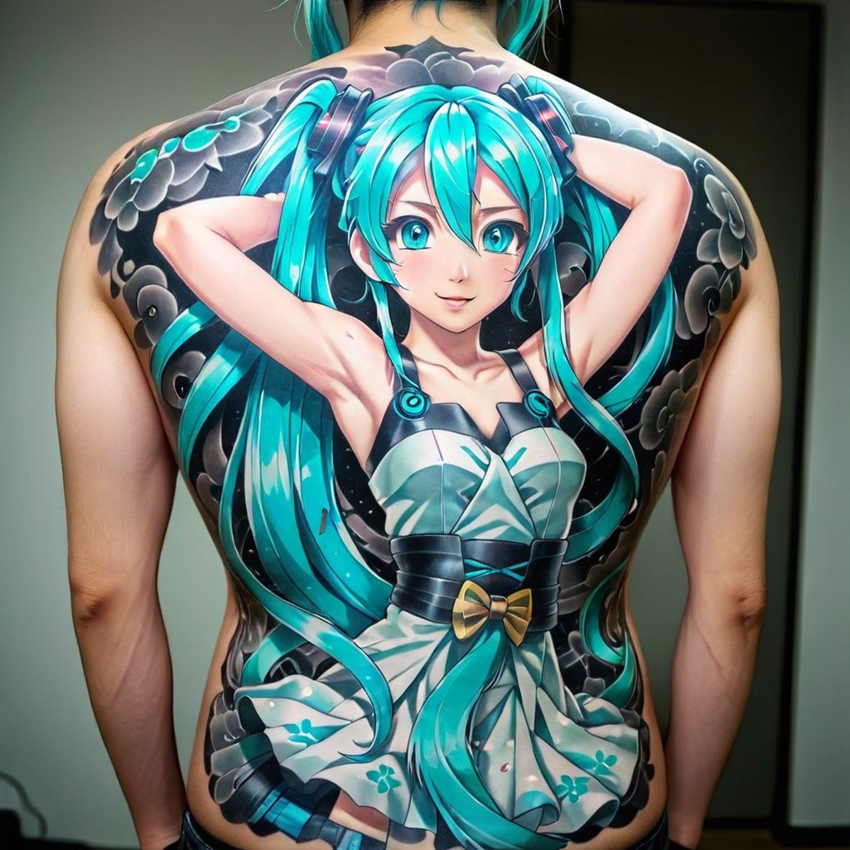 man with a striking tattoo of the hatsune miku, <lora:tattooback:0.5>  ,ultra-detailed,(best quality),((masterpiece)),(highres) ,(an extremely delicate and beautiful) 