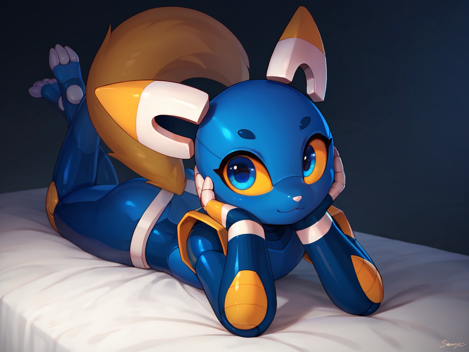 <lora:ESix-PONY:1> esix, blue body, metallic body, yellow sclera, blue eyes, ambiguous gender, solo, lying on front, feminine, :3, arm rest, resting head, looking at viewer, feet in the air, tail, cute, score_9, score_8_up