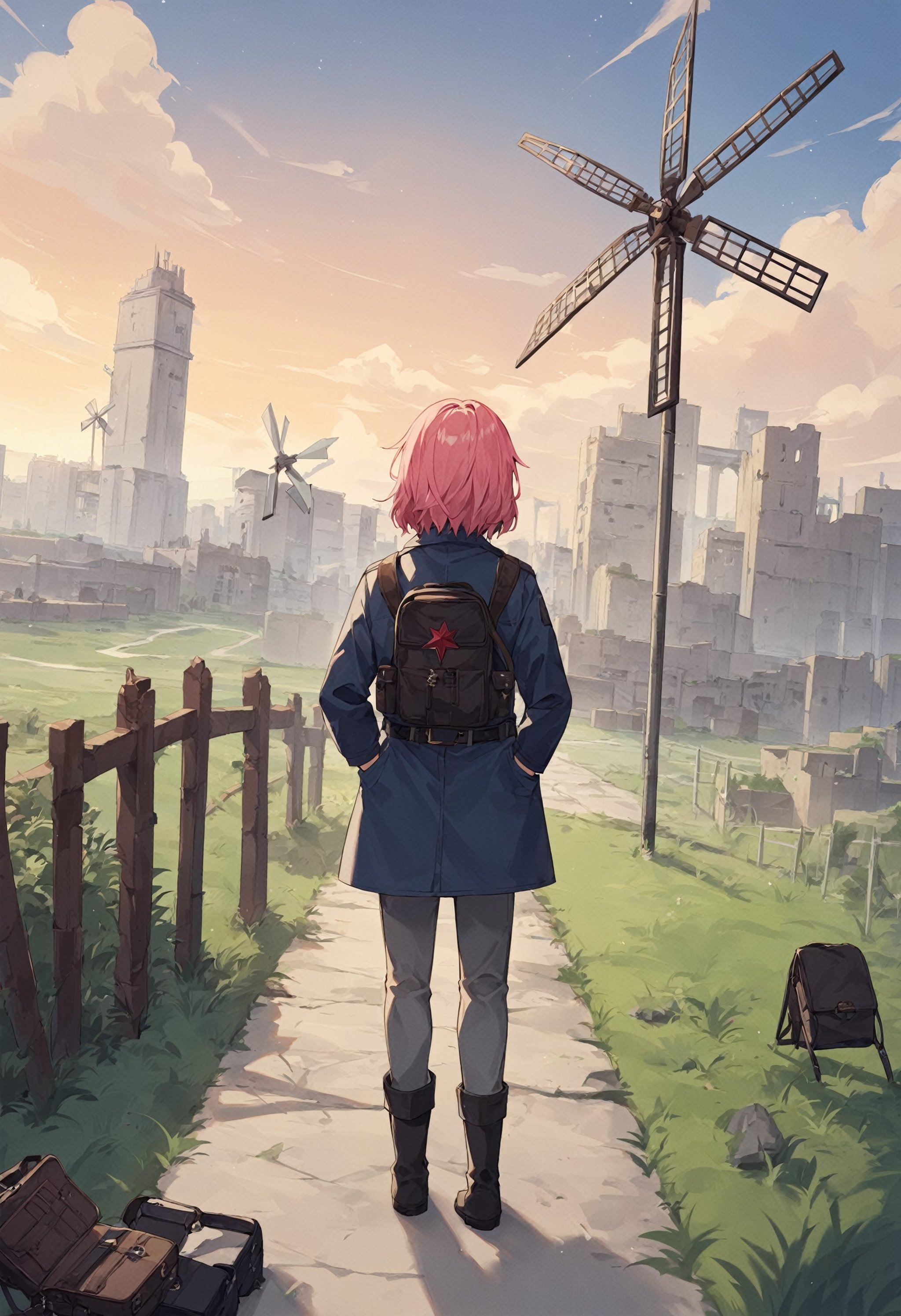 score_9, score_8_up, score_7_up, BREAK1girl, dutch angle, wide shot, scenery, star (symbol), smoke, ruins, building, coat, hand in pocket, boots, backpack, windmill, bag, cloud, pink hair, city, jacket, belt, sky, red star, belt pouch, weapon case, cloudy sky, shirt, pouch, pants, medium hair, white shirt, grass, fence, blue coat, facing away, outdoors, standing, grey pants