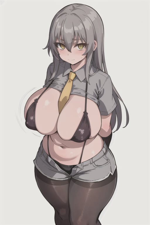 masterpiece, best quality,huge breasts, grey hair, grey shorts,looking at viewer, bodystocking, necktie, black gloves, solo focus, closed mouth, hair between eyes, pantyhose, bangs, open shirt, grey shirt, black bikini, short sleeves,curvy,   long hair, yellow eyes,arms behind back,   <lora:Zankuro:0.7> 