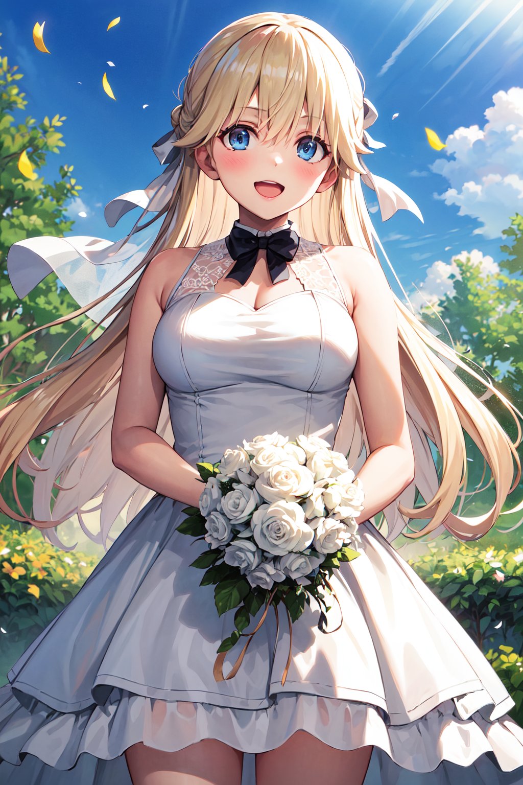 masterpiece, best quality, highres, 1girl, solo, long hair, blonde hair, hair ribbon, bangs, blue eyes, <lora:nanase_tsubasa_v1:0.7>, standing, cowboy shot, wedding dress, white dress, smile, open mouth, holding bouquet, garden, confetti, 