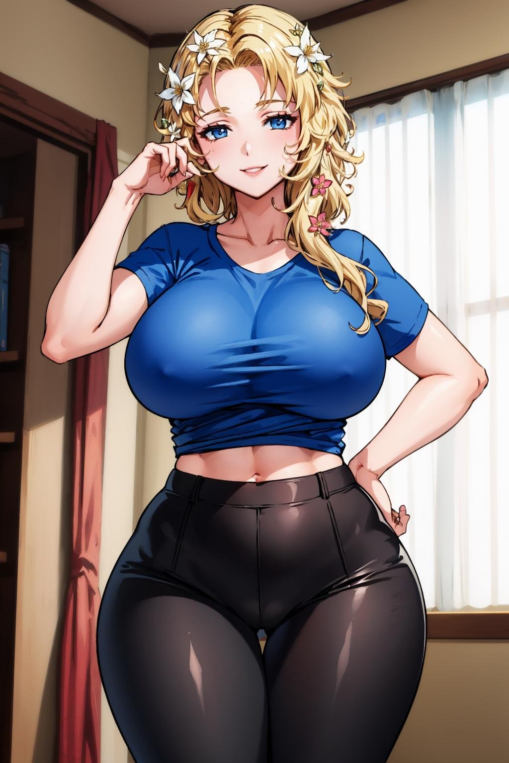 masterpiece, best quality,<lora:snvaphrodite-nvwls-v1-000009:0.9> snvAphrodite, hair flower, large breasts, wide hips, blue t-shirt, black pants, indoors, wink, smile