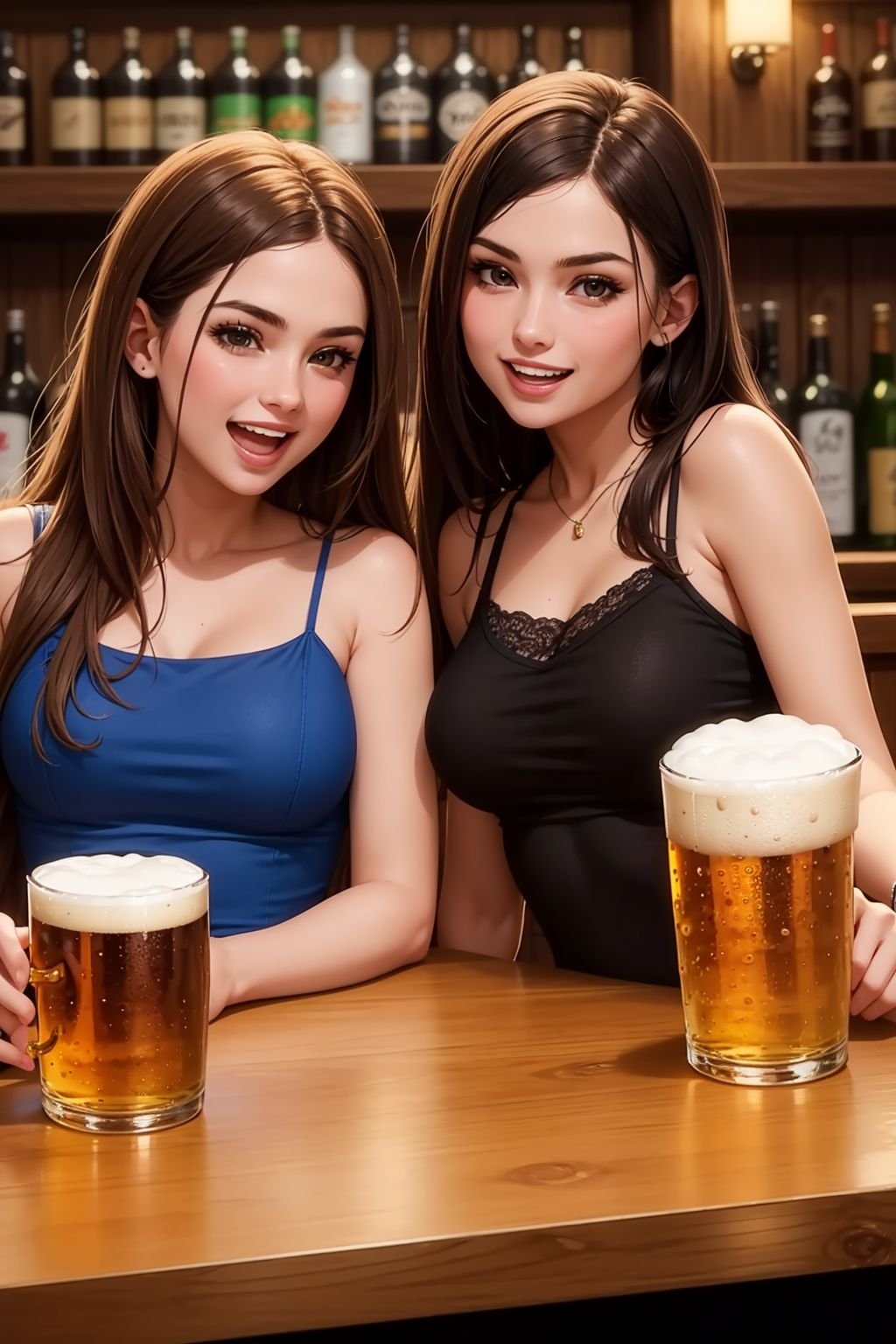 (best quality, masterpiece), 2girls, drinking beer at a bar with her friends, laughing