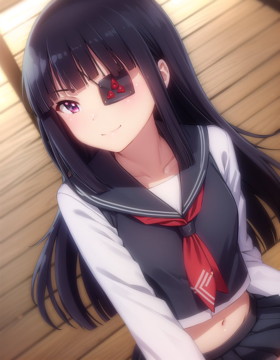 skmirai, <lora:sk mirai s1-lora-nochekaiser:1>,mirai, long hair, black hair, (red eyes:1.3), (eyepatch:1.5), bangs, blunt bangs,BREAK skirt, shirt, long sleeves, navel, school uniform, pantyhose, pleated skirt, necktie, serafuku, midriff, black skirt, sailor collar, black shirt, black sailor collar, (black serafuku:1.2),BREAK indoors, classroom,BREAK looking at viewer, (cowboy shot:1.5), smile,BREAK <lyco:GoodHands-beta2:1>, (masterpiece:1.2), best quality, high resolution, unity 8k wallpaper, (illustration:0.8), (beautiful detailed eyes:1.6), extremely detailed face, perfect lighting, extremely detailed CG, (perfect hands, perfect anatomy),