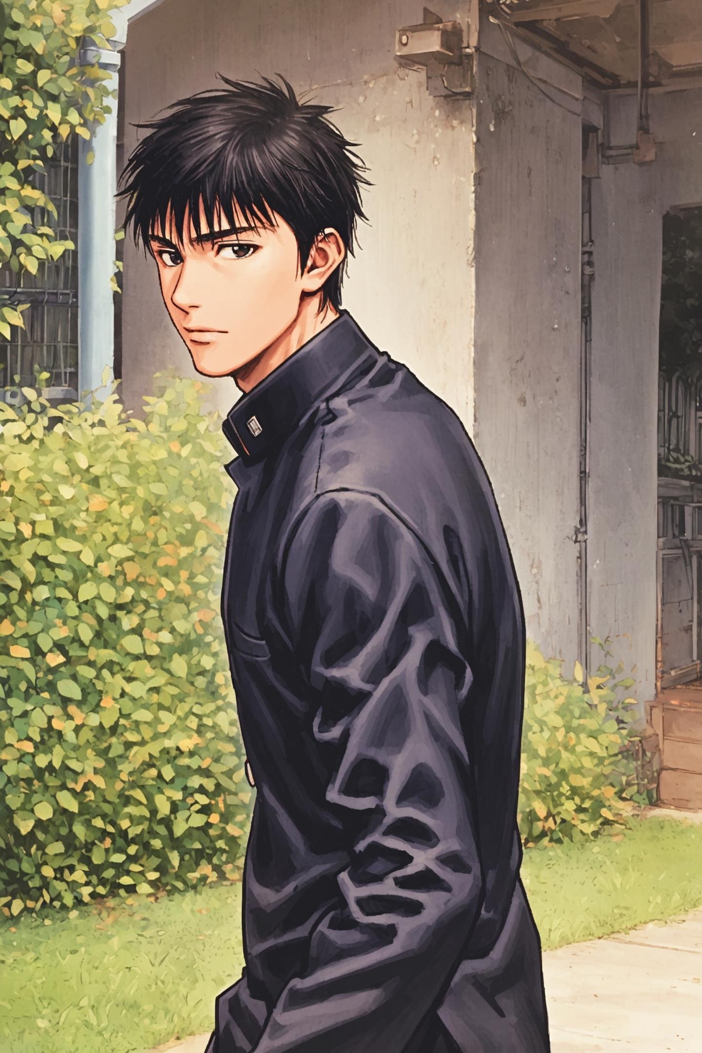 Mitsui Hisashi,1boy,solo,male focus,school uniform,gakuran,jacket,shirt,looking at viewer,black hair,outdoors,<lora:Inoue Takehiko_XL:0.8>,