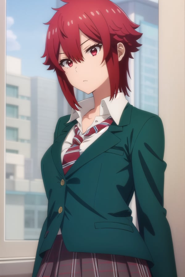 tomoaizawa, <lora:tomo aizawa s1-lora-nochekaiser:1>,tomo aizawa, short hair, (red eyes:1.3), hair between eyes, red hair,BREAK skirt, shirt, school uniform, jacket, white shirt, pleated skirt, necktie, striped, black skirt, blazer, red necktie, school bag, green jacket, striped necktie, (green blazer:1.5), bike shorts,BREAK indoors, classroom,BREAK looking at viewer, (cowboy shot:1.5),BREAK <lyco:GoodHands-beta2:1>, (masterpiece:1.2), best quality, high resolution, unity 8k wallpaper, (illustration:0.8), (beautiful detailed eyes:1.6), extremely detailed face, perfect lighting, extremely detailed CG, (perfect hands, perfect anatomy),