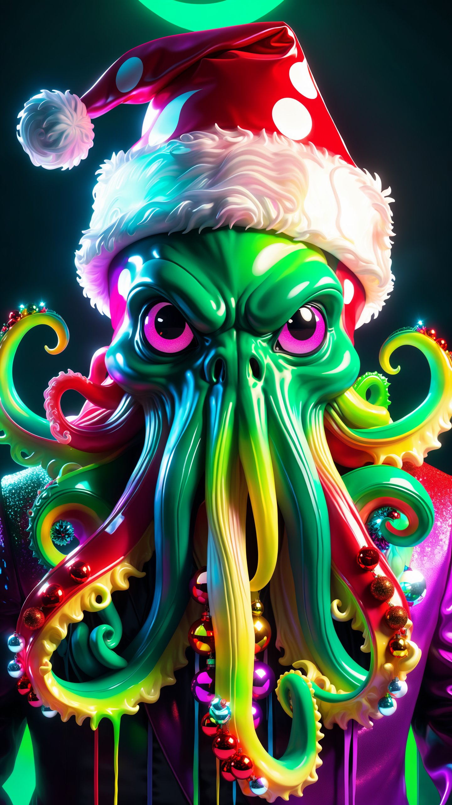 portrait of Cthulhu wearing christmas decoration and a santa hat, Cthulhu wearing santa costume, photography, detailed skin, insane smile, intricate complexity, surreal horror, inverted neon rainbow drip paint, trending on art station, photoreal, 8k, octane render by greg rutkowski, photorealistic, (horror:1.1)