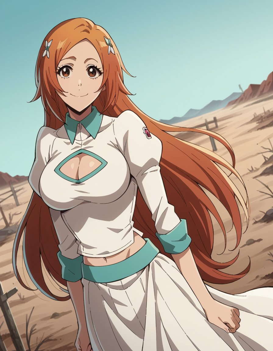 score_9, score_8_up, score_7_up, source_anime,inoueorihime, <lora:inoue-orihime-tybw-ponyxl-lora-nochekaiser:1>,inoue orihime, long hair, orange hair, brown eyes,tybwoutfit, skirt, hair ornament, navel, cleavage, midriff, clothing cutout, cleavage cutout, white skirt, long skirt, long sleeves, rolled up sleeves, white crop top,outdoors, wasteland, smile,looking at viewer, cowboy shot, dutch angle, solo,