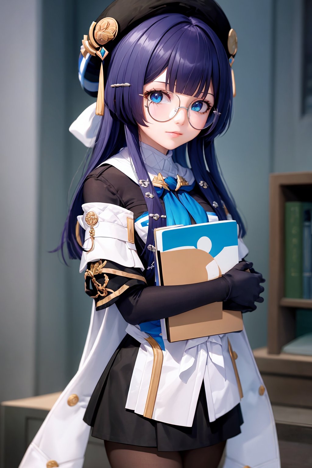 masterpiece, best quality, <lora:pela:1>,english text, pela (honkai: star rail), 1girl, pantyhose, solo, book, hat, blue eyes, glasses, holding, gloves, looking at viewer, blush, holding book, blue hair, bangs, long hair, skirt, purple hair, beret, hair ornament