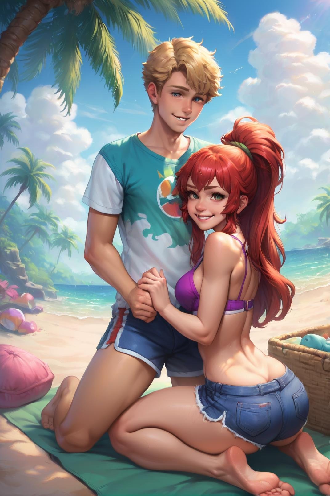 (zPDXL), 1girl, 1boy, sitting heads together,  on a tropical beach, smiling, wearing shirt and shorts, morning sunlight, tiki hut, palm trees, cloudy sky