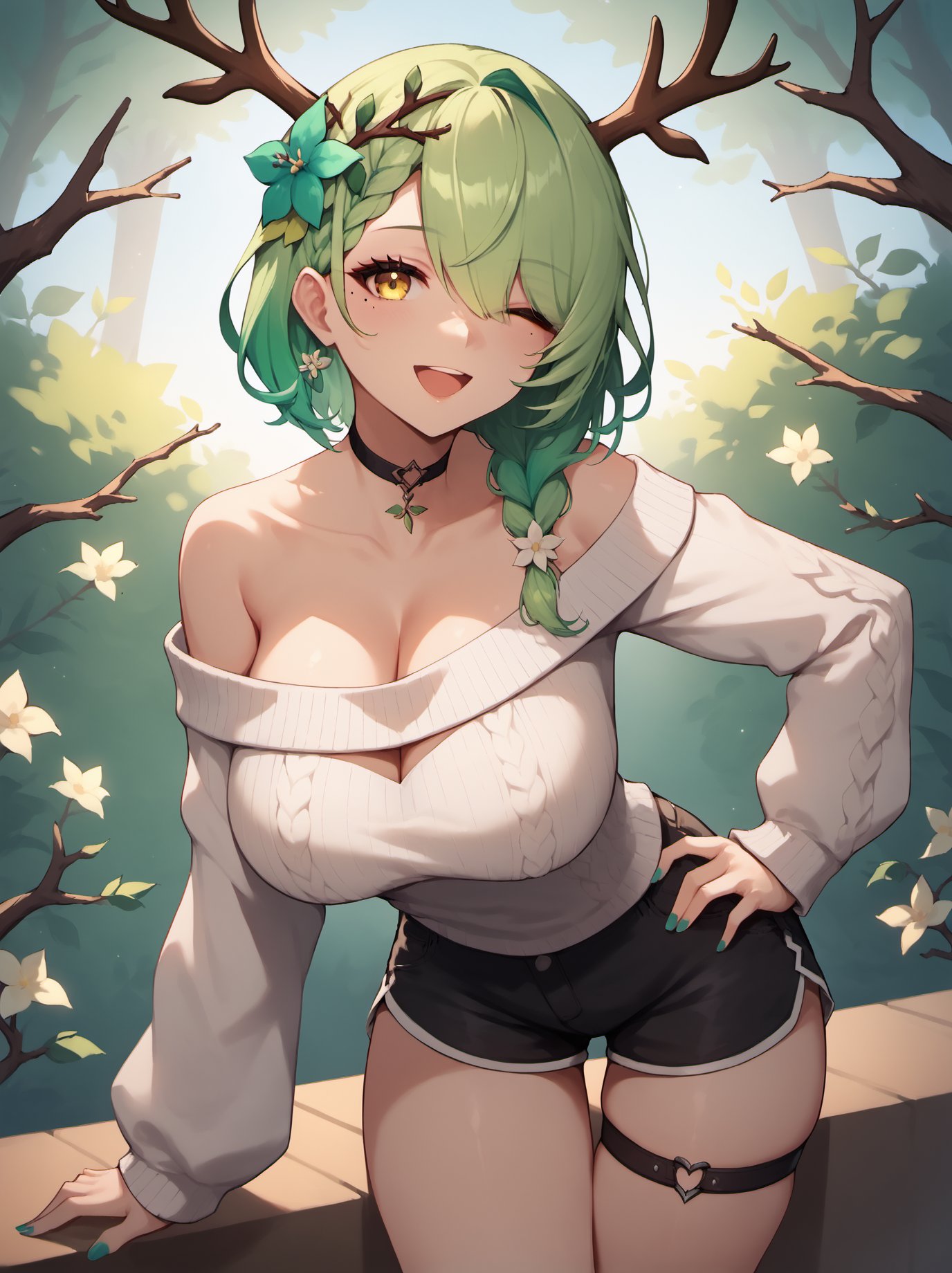 score_9, score_8_up, score_7_up, 1girl, virtual youtuber, ceres fauna, green hair, antlers, solo, choker, one eye closed, yellow eyes, breasts, mole under eye, mole, sweater, hair flower, thigh strap, shorts, branch, flower, hair ornament, large breasts, black choker, smile, hand on hip, thighs, looking at viewer, short hair, open mouth, collarbone, nail polish, off shoulder, short shorts, long sleeves, braid, white sweater, hair over one eye, black shorts, bangs