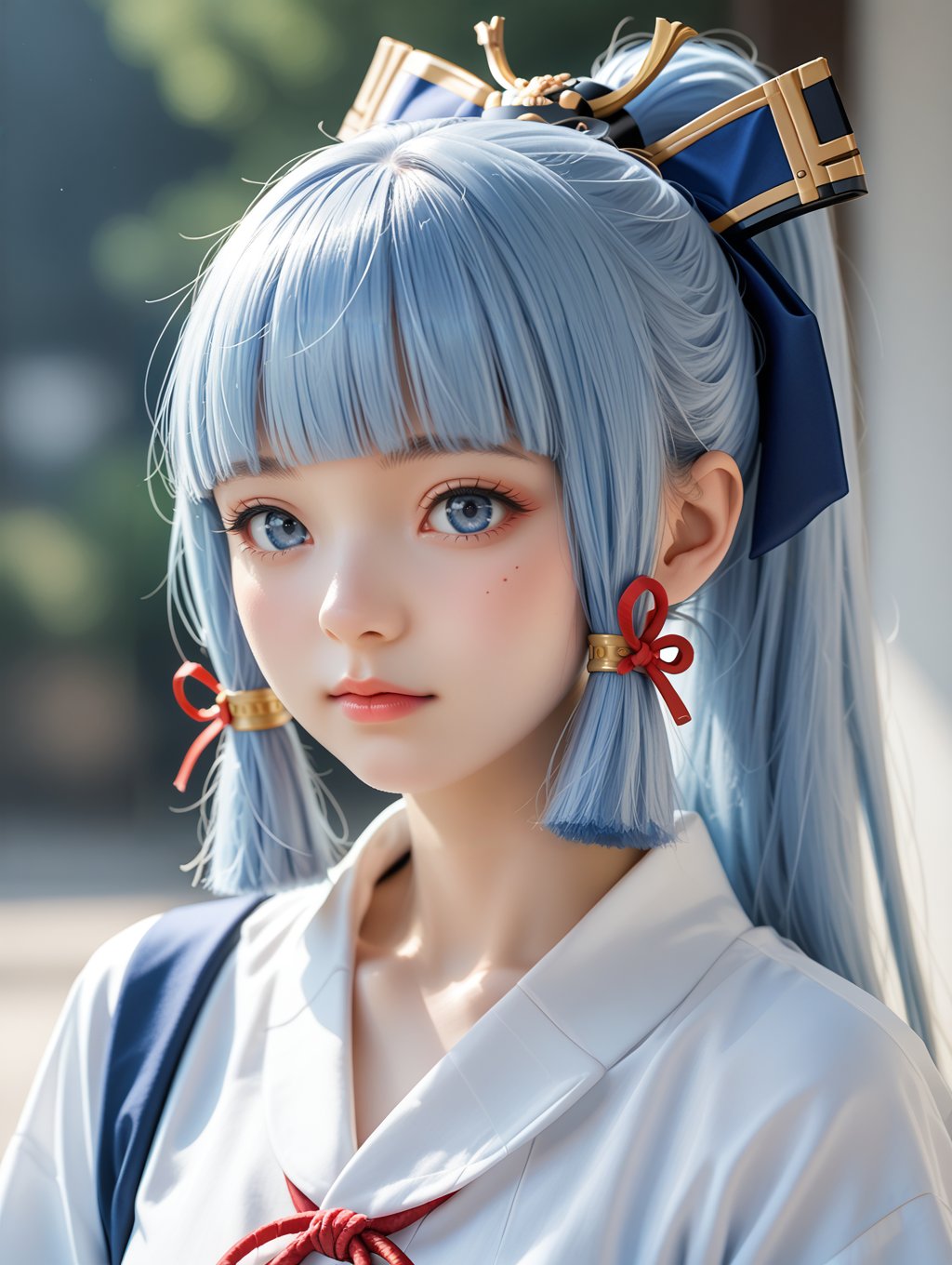 score_9, score_8_up, score_7_up,source_real,rating_explicit,BREAKmature female, Dynamic angles, Correct body structure, maximum facial detail, Maximum detailed textures, Maximum detailed shadows, Maximum detailed backgrounds, ayaka kamisato, blunt bangs, blue eyes, blue hair, hair ornament, hair ribbon, hair tubes, long hair, ponytail, tress ribbon, 