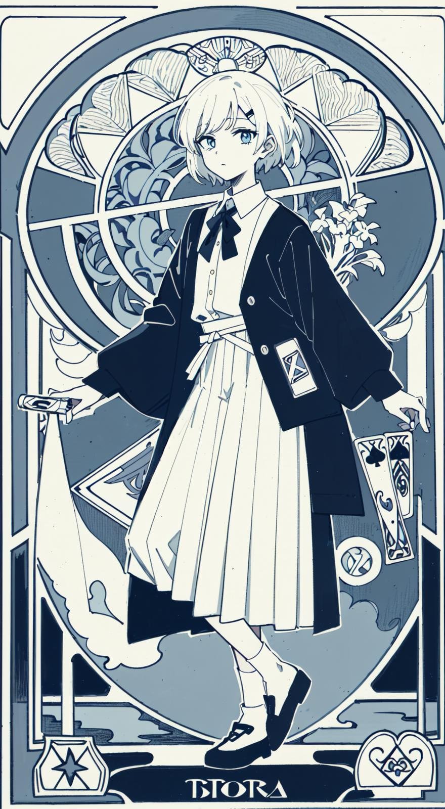 illustration, line drawing, black and white. viewfinder, full body, looking at viewer, monochrome, (art nouveau:1.4), ((solo)), ((1girl)), short hair, white hair, black cardigan, white shirt, ((white background)), ((blue eyes)), hairclip, pleated skirt, socks, pumps, (tarot:1.3)