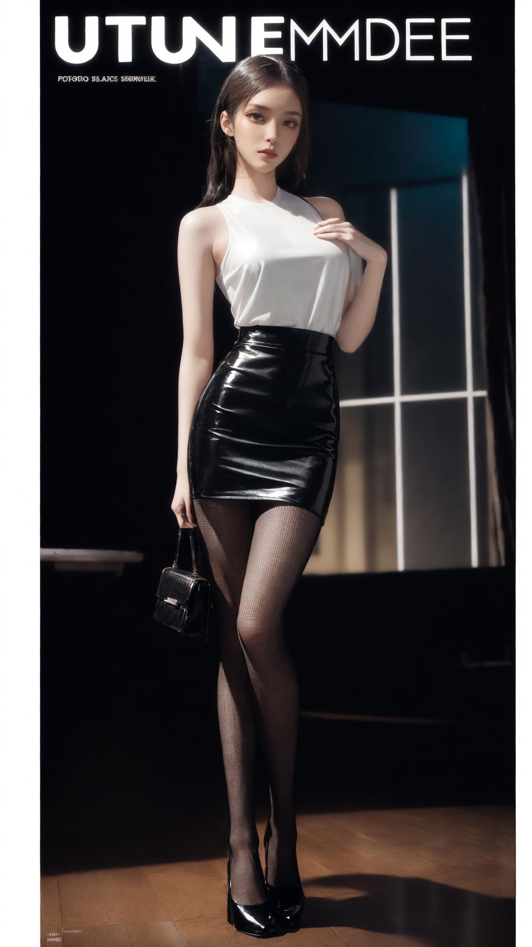 (tutuhd),pantyhose,black miniskirt, black pencil skirt, high heels, (best quality, masterpiece, ultra high resolution),(photorealistic:1.37), (immersive atmosphere, chiaroscuro:1.5,bright light:1.2,luminous lighting),(Magazine cover-style illustration of a fashionable woman),(The text on the cover should be bold and attention-grabbing, with the title of the magazine and a catchy headline. The overall style should be modern and trendy, with a focus on fashion and lifestyle),1girl, cute,slim,(pale skin,shiny skin),(full body),(looks at the viewer), very long hair,top fashion,night,(Floor-to-ceiling windows, city),<lora:add_detail:0.5> <lora:LowRA:0.45> <lora:Magazine:0.3> <lora:图图的嗨丝（20D小孔渔网袜﷿）_v1.0:0.85>