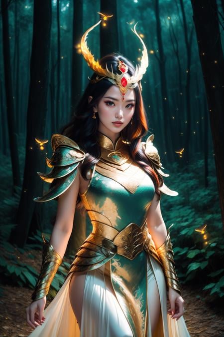 cinematic photo 1girl,solo, beautiful adult woman, dark hair hair high detail, best quality, high quality,  <lora:DragonArmor-66:0.8>, dr4g0n, afterglow,god rays, (forehead jewel), china dress,  (ice flaming headdress),  ((luminescent, ancient forest, fireflies, captivating presence)) . 35mm photograph, film, bokeh, professional, 4k, highly detailed