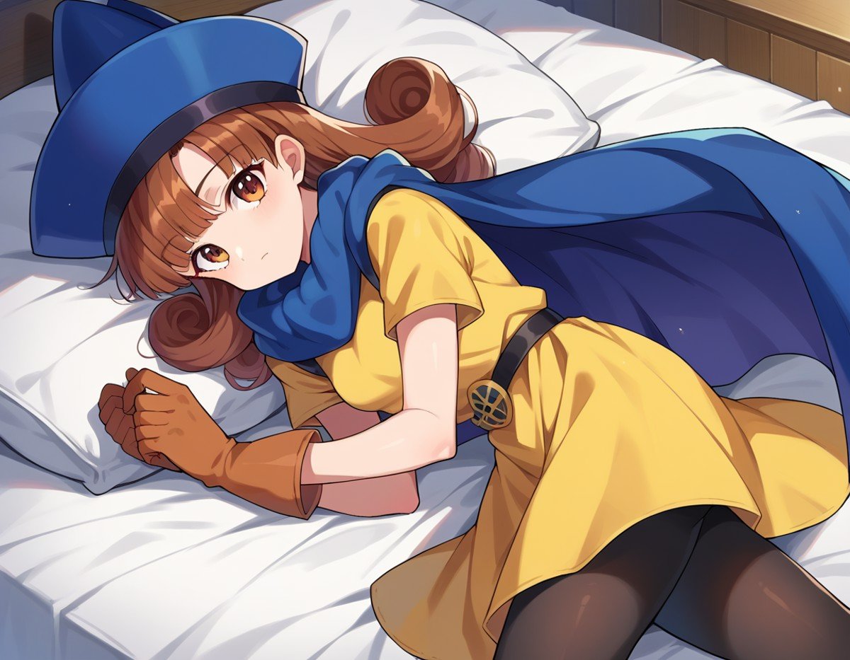 score_9, score_8_up, score_7_up, source_anime,dqalena, <lora:dq-alena-ponyxl-lora-nochekaiser:1>,alena, brown eyes, brown hair, curly hair, long hair,cape, dress, gloves, hat, pantyhose, yellow dress, scarf, short sleeves,indoors, bed, bed room, on side,looking at viewer, dutch angle, cowboy shot,