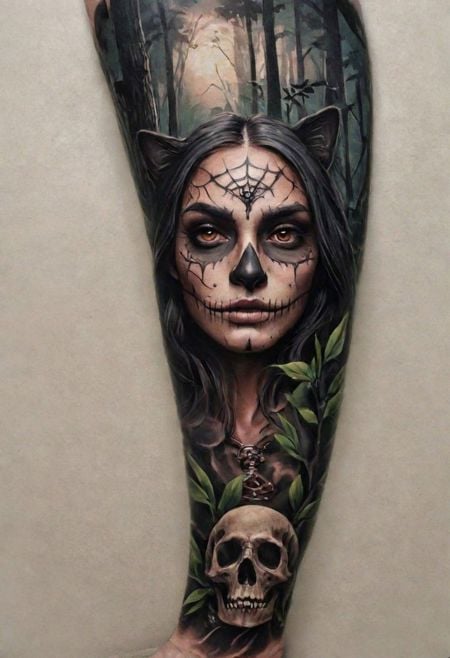 (Complete),Color Desing Tattoo of a realistic Catrina in Dark Forest
