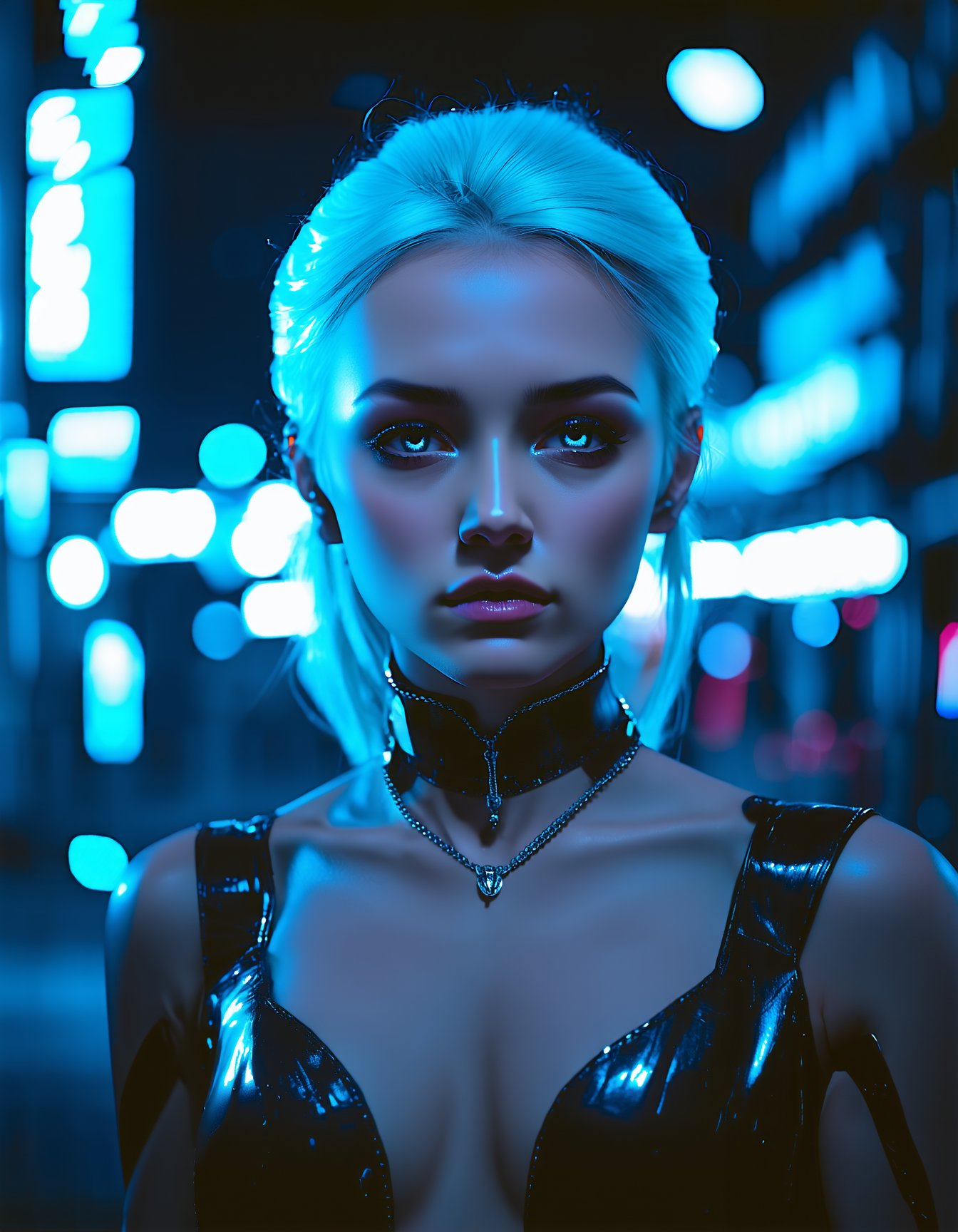 best quality,4k,8k,highres,masterpiece,ultra-detailed, woman, looking at viewer, blue eyes, closed mouth, upper body, white hair, sidelocks, necklace, mole, blurry, lips, mole under eye, blurry background, makeup, bodysuit, night, city, realistic, cyberpunk, neon lights , SD3_cartoon_ep10.safetensors