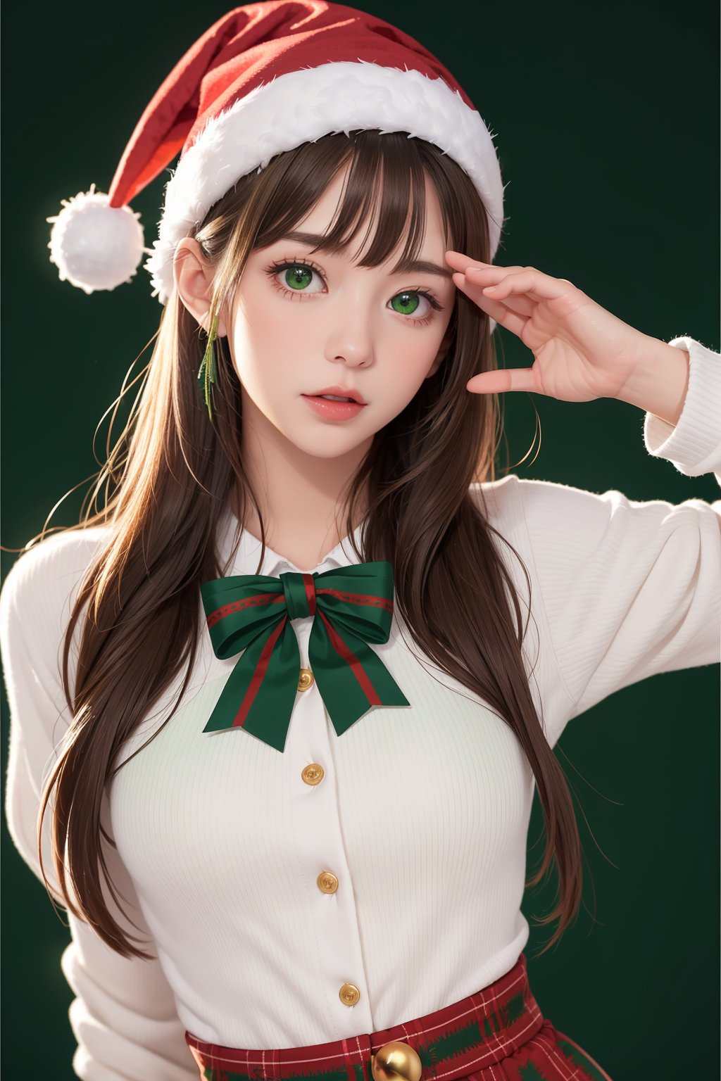 ((upper body of dynamic pose of a girl)),((Pure green background:1.2)),A whimsical girl in festive attire,complete with a Christmas tree hat and holiday decorations. Her saluting pose and worried expression add a touch of playful innocence to the holiday spirit.,