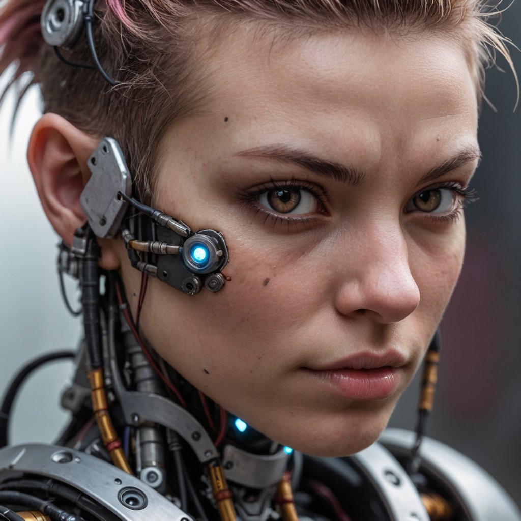 closeup,photo,face portrait, cyberpunk warrior, robotic parts, natural light