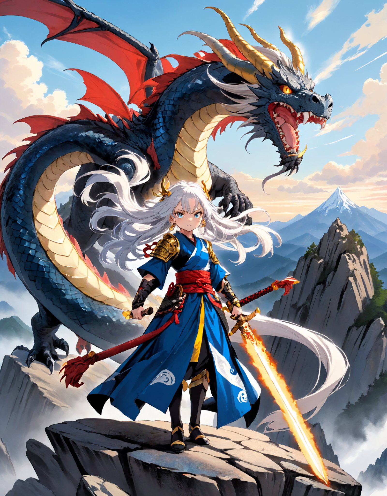 Photo of Tama-Kin-Slayer standing on a rocky mountain peak, wielding a golden sword with a fierce expression, as the wind blows through their long, flowing silver hair, while a majestic dragon circles the sky above them.