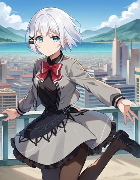 score_9, score_8_up, score_7_up, source_anime,siesta, <lora:siesta-ponyxl-lora-nochekaiser:1>,siesta, short hair, bangs, blue eyes, hair ornament, white hair, hairclip, smile,dress, bow, bowtie, red bow, red bowtie, shirt, long sleeves, jacket, pantyhose, frills, shoes, grey jacket, open clothes, black shirt,outdoors, cityscape,looking at viewer, cowboy shot, dynamic pose,