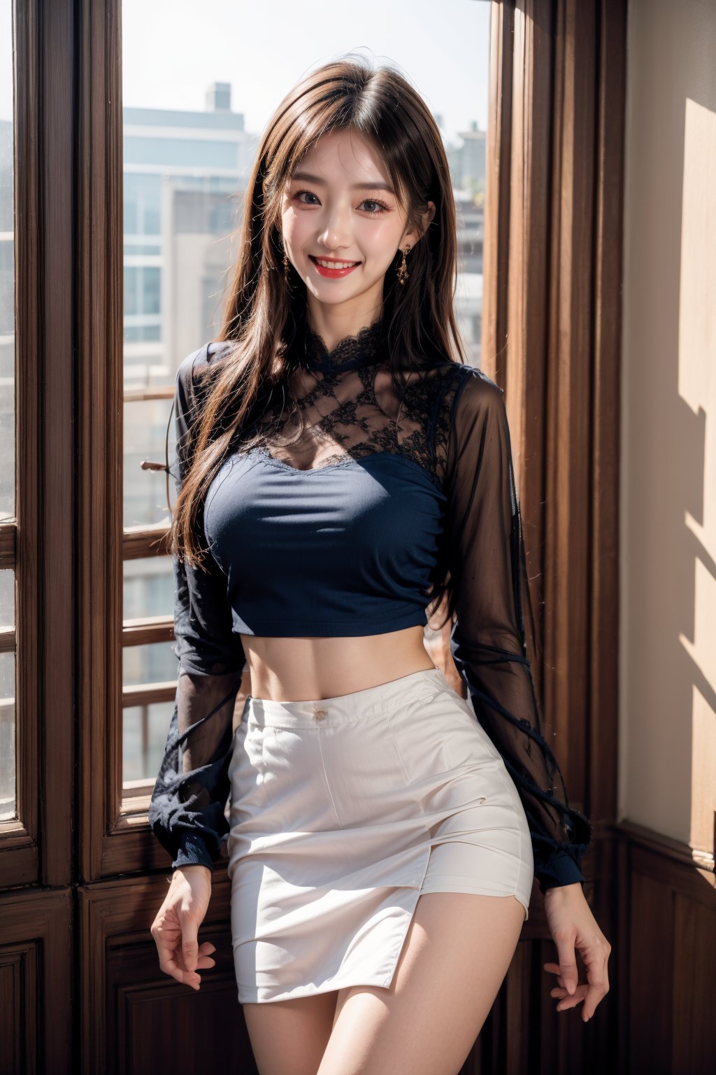 1girl, solo, skirt, long hair, looking at viewer, jewelry, earrings, white skirt, indoors, crop top, see-through, navel, black hair, standing, shirt, long sleeves, lace, blue shirt, lace trim, realistic, breasts, building, brown hair, smile, photorealistic, lips, red lips, day, brown eyes, medium breasts, parted lips, closed mouth, blue eyes, parted bangs,