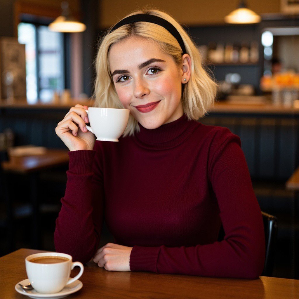 realistic photo of, 1girl, solo, SabrinaSpellmanflux, wearing a fitted dark red turtle neck sweater, sitting in a cafe holding a coffee, She has light skin tone and short, styled platinum blonde hair with loose waves and styled with a black headband. looking at the viewer, smiling